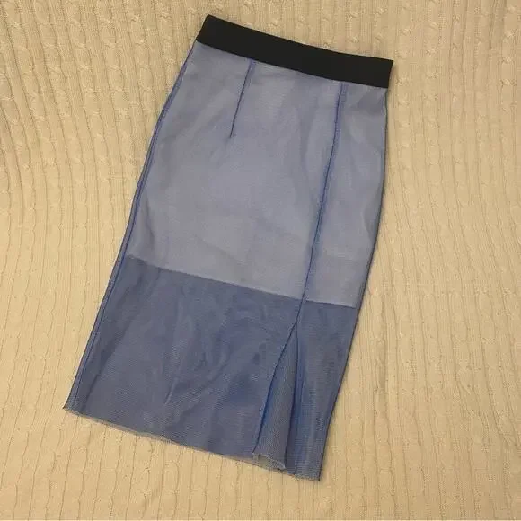 Milly Blue Midi Pencil Skirt sz 10 Milly Midi Skirt Net Overlay Skirt - Picture 2 of 14